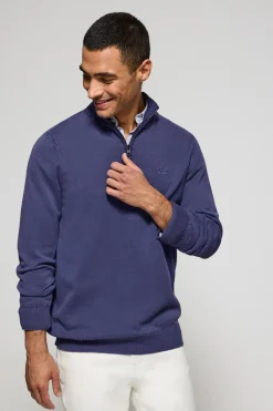 Polo Club Pulls*Pull violet bleuté à fermeture éclair partielle garment dye et logo brodé Bleu Violet