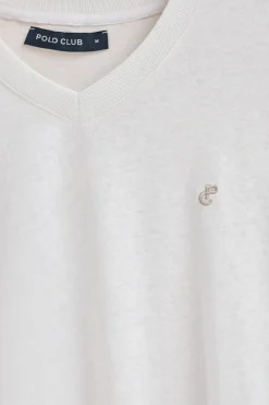Polo Club T-Shirts*T-shirt en lin et coton à col en V avec monogramme brodé Blanc