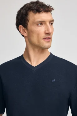 Polo Club T-Shirts*T-shirt en lin et coton à col en V avec monogramme brodé Bleu Marine
