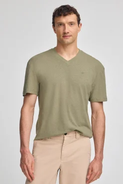 Polo Club T-Shirts*T-shirt vert en lin et coton à col en V avec monogramme brodé Vert sauge