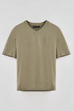 Polo Club T-Shirts*T-shirt vert en lin et coton à col en V avec monogramme brodé Vert sauge